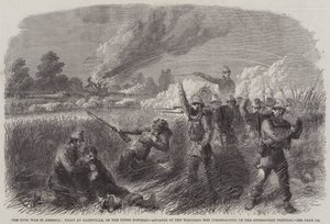 La Guerra Civil en América, Lucha en Hainsville, en el Alto Potomac, Avance de los hombres de Wisconsin (Federalistas) sobre la posición secesionista (grabado) de English School