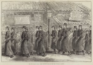 La guerra civil en Japón, policía de Yedo yendo al frente de guerra en Satsuma (grabado) de English School
