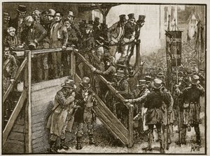 El concurso de Clare: Padre Murphy llevando a sus inquilinos a la votación, ilustración de Cassells Illustrated History of England