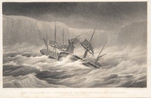 La colisión, del Voyage of Discovery and Research in th Southern and Antarctic Regions del capitán Sir James Clark Ross, pub. 1847 (grabado)