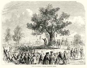 Los colonos bajo el árbol de la libertad (grabado) de English School