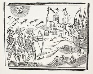 La conquista de Francia con la vida y las gloriosas acciones de Eduardo el Príncipe Negro, ilustración de Chap-books del siglo XVIII de John Ashton, pub. 1882 de English School