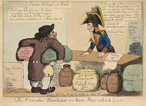 El Almacén Consular o un Gran Hombre clavado al Mostrador, pub. 1802 (grabado coloreado a mano) de English School