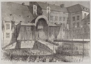 La Coronación del Rey y la Reina de Prusia, la Proclamación en el Patio del Schloss, Konigsberg (grabado) de English School
