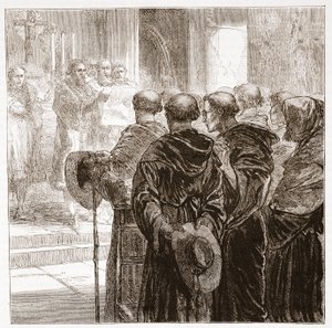 Los consejeros disolviendo la orden de los monjes agustinos en Zúrich, 1524, ilustración de La Historia del Protestantismo de James Aitken Wylie, pub. 1878 de English School