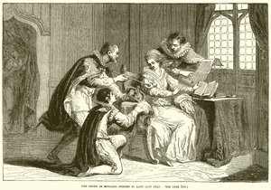 La corona de Inglaterra ofrecida a Lady Jane Gray de English School