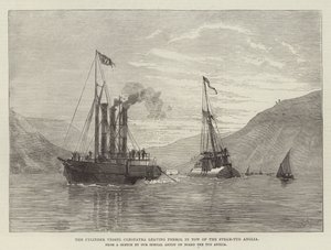 El buque cilindro Cleopatra saliendo de Ferrol remolcado por el remolcador Anglia (grabado) de English School