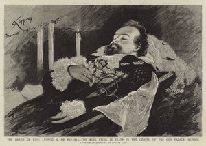 La Muerte del Rey Ludwig II de Baviera, el Rey Yaciendo en Estado en la Capilla del Palacio Viejo, Múnich (grabado) de English School