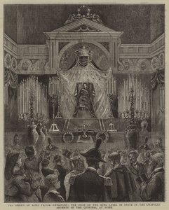 La muerte del rey Víctor Manuel, el cuerpo del rey yace en estado en la Capilla Ardente del Quirinal, en Roma de English School