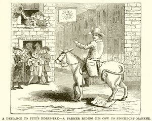 El desafío al impuesto sobre caballos de Pitt: un granjero montando su vaca al mercado de Stockport de English School