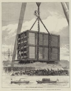 La partida de Jumbo, izando su caja desde la barcaza hasta el muelle en los muelles de Millwall (grabado)