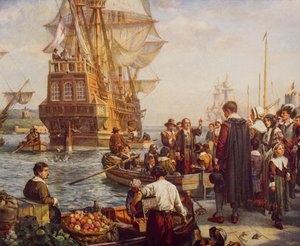 La partida de los Padres Peregrinos en 1620, ilustración de 