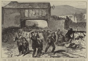 La angustia en el sur de Gales, apertura de un comedor social en Merthyr-Tydvil (grabado)