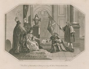 El Duque de Queensbury y Dover presentando el Acta de Unión a la Reina Ana