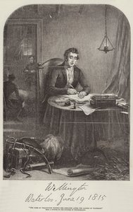 El Duque de Wellington escribiendo el despacho después de Waterloo (grabado) de English School