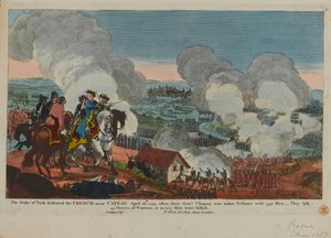 El Duque de York (1763-1827) derrotando a los franceses cerca de Cateau, 26 de abril de 1794, de una serie de escenas de la Guerra de los Siete Años publicada por F. West, 1834 de English School