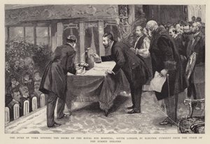 El Duque de York abriendo las puertas del Hospital Real de Ojos del Sur de Londres, mediante corriente eléctrica desde el escenario del Teatro de Surrey de English School