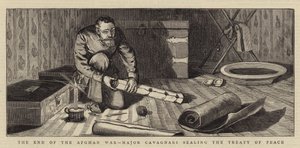 El Fin de la Guerra Afgana, el Mayor Cavagnari sellando el Tratado de Paz (grabado) de English School
