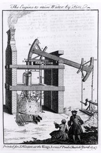 El motor para elevar agua por fuego, un diagrama del motor de vapor de Newcomen para la Universal Magazine, 1747