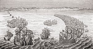 La flota inglesa, comandada por Sir Francis Drake, atacando la Armada Española en 1588, de 