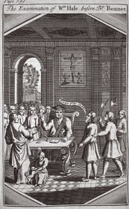 El examen de Wm Hale ante el Obispo Bonner, ilustración de Mártires de Fox c.1703 de English School