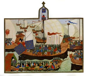 La expedición de franceses y genoveses a Berbería, de las "Crónicas de Froissart", ilustradas en "El Cronista de la Caballería Europea de English School