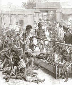La hambruna en India: Nativos esperando ayuda en Bangalore, octubre 1877