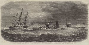 El acorazado federal Monadnock remolcando un cañonero averiado en una tormenta frente al Cabo Hatteras de English School