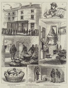 El complot de dinamita feniana en Inglaterra, la fábrica secreta de nitroglicerina en Ledsam-Street, Birmingham (grabado) de English School