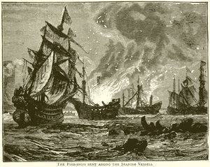 El barco de fuego enviado entre los barcos españoles