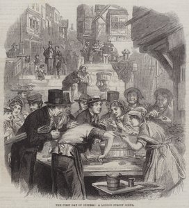 El Primer Día de Ostras, una escena callejera de Londres (grabado) de English School