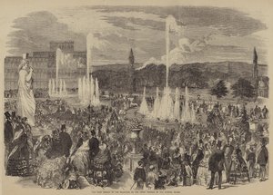 Primera exhibición de las fuentes en la terraza superior del Palacio de Cristal (grabado) de English School