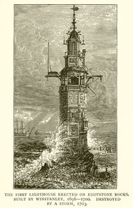 El primer faro erigido en las rocas de Eddystone. Construido por Winstanley, 1696-1700, destruido por una tormenta, 1703 de English School