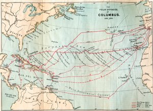 Los cuatro viajes de Cristóbal Colón, de la "Vida de Cristóbal Colón" de Clements R. Markham, publicada en 1892 (litografía en color). de English School