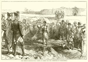 Los comisionados franceses viniendo a negociar la rendición de Pondicherry (1761) de English School