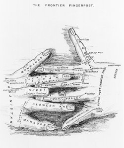 El poste fronterizo que delimita la Frontera Noroeste de la India Británica, de Contrabando de armas y la Frontera Noroeste por Arnold Keppel, publicado en 1911 de English School