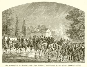 El funeral de Sir Robert Peel: los arrendatarios reuniéndose en el lodge, Drayton Manor de English School
