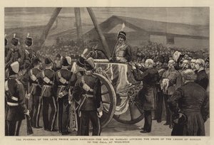 El funeral del difunto Príncipe Luis Napoleón, el Duque de Bassano, fijando la Cruz de la Legión de Honor al féretro, en Woolwich (grabado)