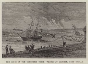 Los temporales en la costa de Yorkshire, naufragios en Coatham, cerca de Redcar (grabado)