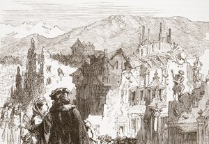 Los ginebrinos destruyendo los suburbios de su ciudad, ilustración de La Historia del Protestantismo de James Aitken Wylie, pub. 1878 de English School