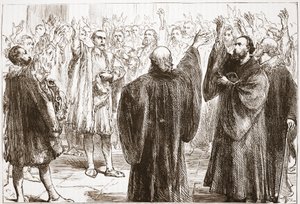 Los ginebrinos jurando su renuncia al romanismo, ilustración de La Historia del Protestantismo de James Aitken Wylie, pub. 1878 de English School