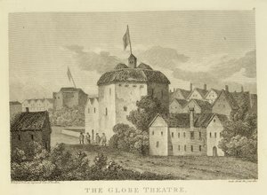 El Teatro Globe en Bankside como apareció en el reinado de Jacobo I (1566-1625), después de un grabado c.1612, publicado en 1810 de English School