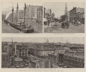 El gran incendio en Milwaukee, vistas generales de la ciudad (grabado) de English School