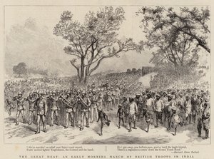 El gran calor, una marcha matutina de las tropas británicas en India (grabado) de English School