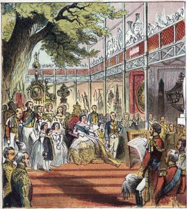 La Gran Exposición de Londres en Hyde Park en 1851. Gran Exposición de 1851. Un palacio de cristal fue construido en Hyde Park para exhibir muchas cosas de diferentes naciones en 1851 de English School