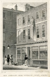 The Grecian Coffee House, Devereux Court, Strand, con un busto de Ben Johnson (grabado) de English School