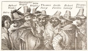 Los conspiradores de la pólvora, según un grabado de 1606 de English School