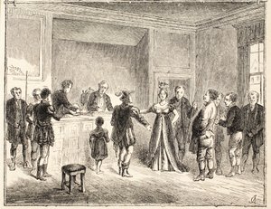 La mano y las tijeras, un caso ante el Tribunal de Pie-Poudre, de un dibujo fechado en 1811 de English School