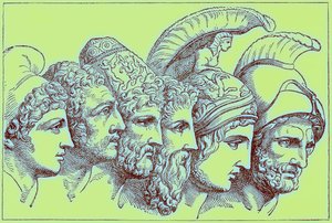 Los Héroes de la Guerra de Troya: Paris, Diomedes, Odiseo, Néstor, Aquiles, Agamenón, ilustración de The Illustrated History of the World, publicado c.1880