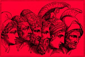 Los Héroes de la Guerra de Troya: Paris, Diomedes, Odiseo, Néstor, Aquiles, Agamenón, ilustración de The Illustrated History of the World, publicado c.1880